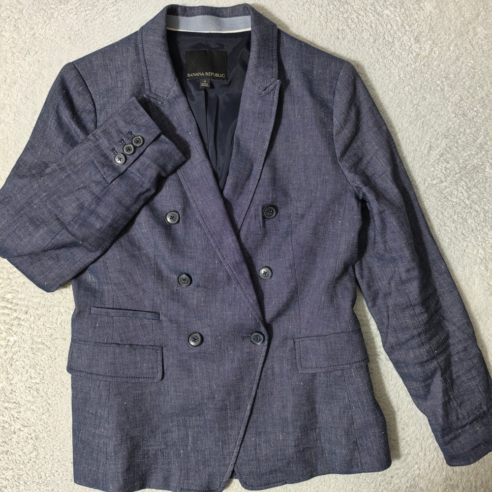 NEW Banana Republic Blazer Women 4 Blue Chambray Double Breasted Stretch
